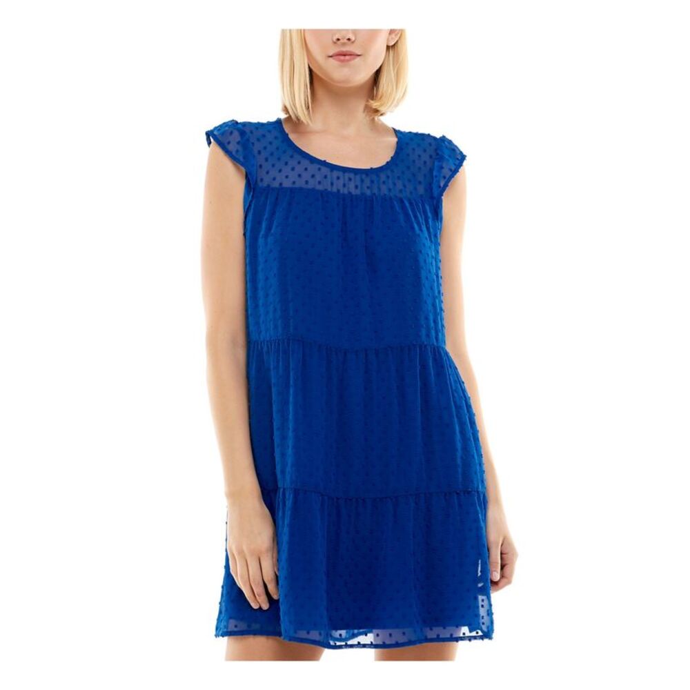 CRYSTAL DOLLS Womens Blue Button Closure Flutter Sleeve Short Dress M